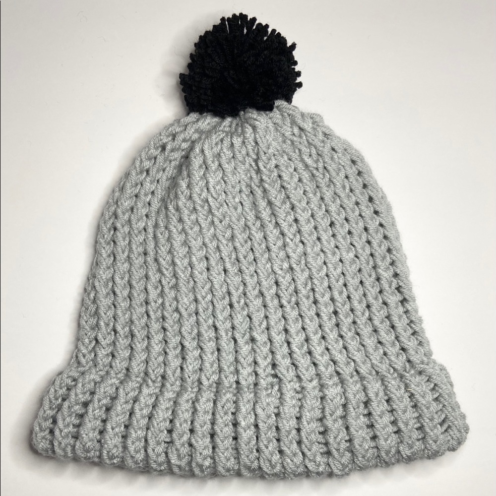 Handmade Knit Gray Beanie – Cozy Adult Unisex Winter Hat With Black Pom Pom